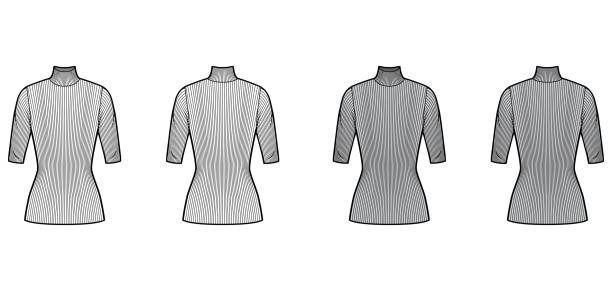 istock Turtleneck ribbed-knit sweater technical fashion illustration with elbow sleeves, close-fitting shape, tunic length 1265073309