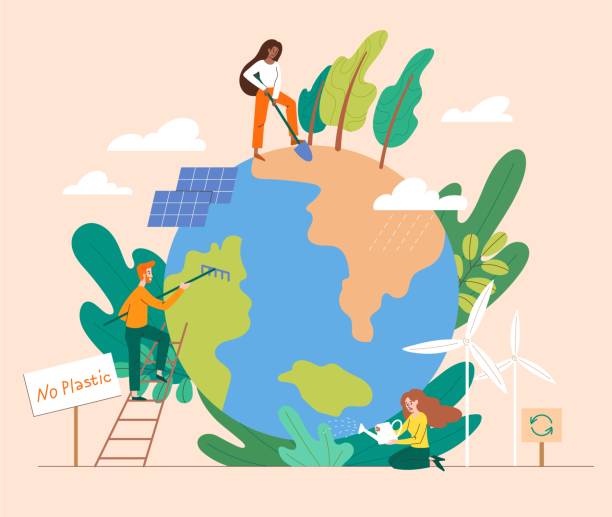 ilustrações de stock, clip art, desenhos animados e ícones de saving the planet concept with group of people - man energy turbine