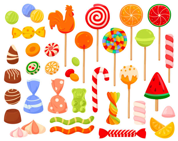 ilustraciones, imágenes clip art, dibujos animados e iconos de stock de gran conjunto de coloridos iconos de dulces y dulces - candy