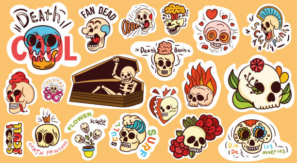 Large set of colorful skull stickers or badges Large set of colorful skull stickers or badges and a skeleton in a coffin with assorted text, colored vector illustration. Translaton from spanish: Dia de los muertes - Day of the Dead cool graffiti characters stock illustrations