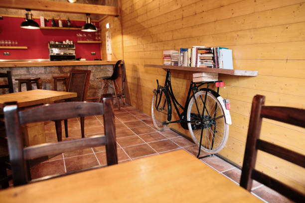 Interior view of a bar / cafeteria with rustic design and wood elements