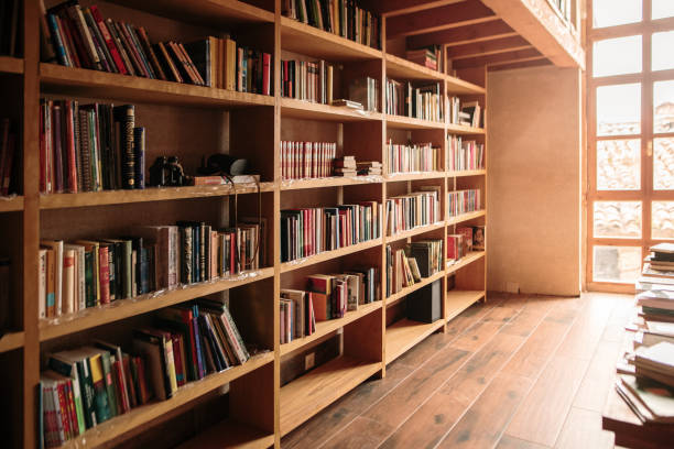 holzbücherregale gefüllt mit büchern - bibliothek stock-fotos und bilder