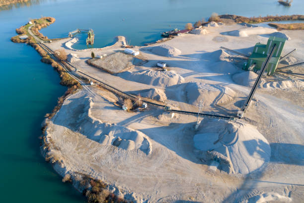 Sand and gravel factory plant producing sand materials for construction industry, aerial view.