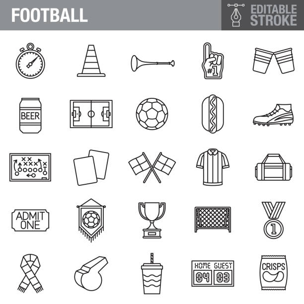 illustrazioni stock, clip art, cartoni animati e icone di tendenza di set di icone tratto modificabile calcio (calcio) - vuvuzela