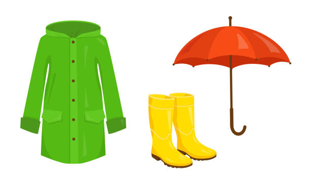 regenmantel, gummistiefel und regenschirm - galoshes stock-grafiken, -clipart, -cartoons und -symbole