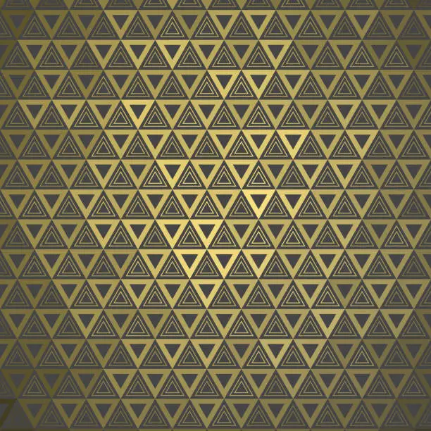 Vector illustration of In rows, evenly spaced, equally sized, triangle based double pattern with golden 3d reflection. Pattern background illustration. On dark gray. Covering.