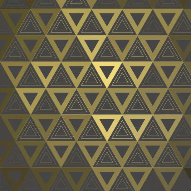 Vector illustration of Equally sized, triangle based double pattern with golden 3d reflection. Pattern background illustration. On dark gray.