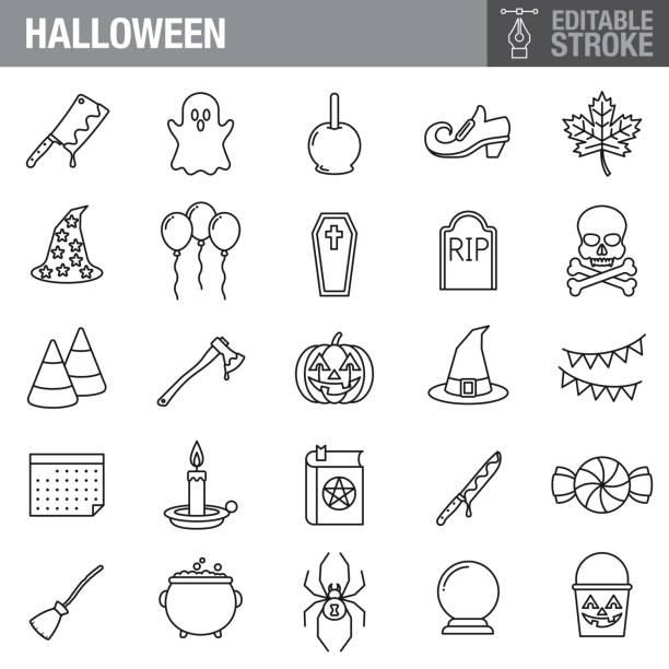 Halloween Editable Stroke Icon Set A set of icons. File is built in the CMYK color space for optimal printing. Color swatches are global so it’s easy to edit and change the colors. halloween icons stock illustrations