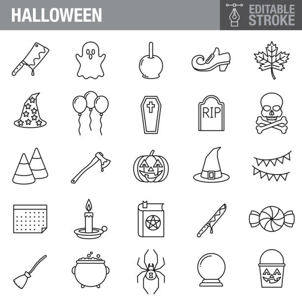Halloween Editable Stroke Icon Set A set of icons. File is built in the CMYK color space for optimal printing. Color swatches are global so it’s easy to edit and change the colors. black and white balloons stock illustrations