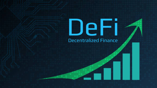 istock Defi - decentralized finance - text next to a green up arrow and a chart directed upwards. Dark blue background. Horizontal. Vector EPS10. 1265087023