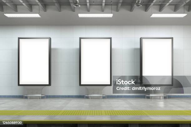 Billboard Stands Mock Up On The Underground Subway Station Stock Photo - Download Image Now