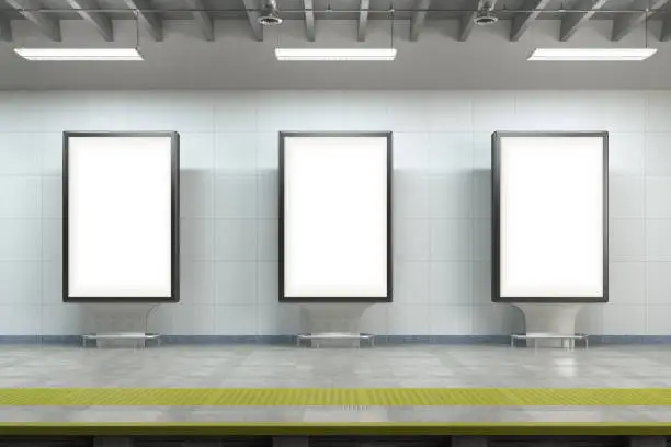 Billboard stands mock up on the underground subway station. 3d illustration