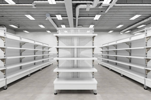 el interior del supermercado con estantes vacíos de la tienda se maqueta. - ice shelf fotografías e imágenes de stock