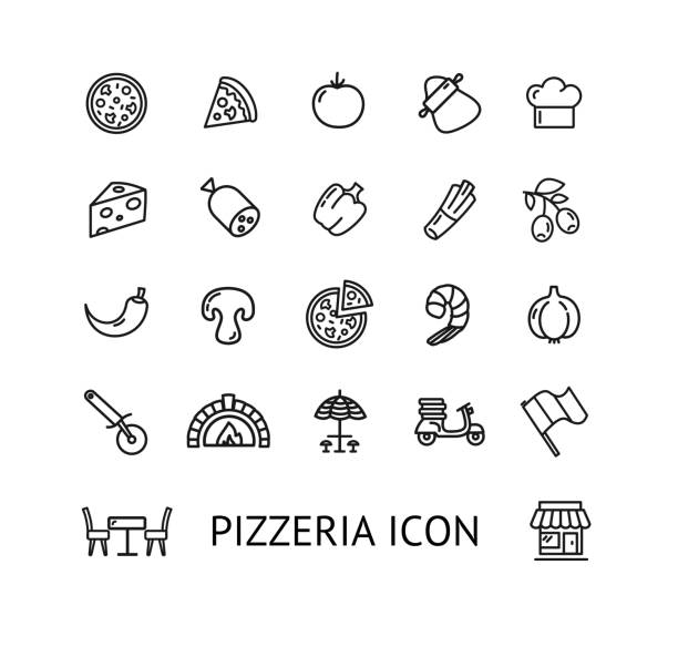 피자 사인 블랙 씬 라인 아이콘 세트. 벡터 - application software food pizza cheese stock illustrations