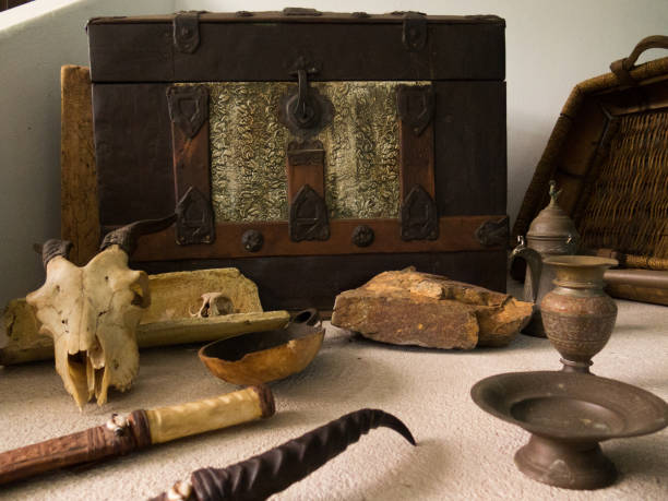istock Handmade wooden trunk with antiques set 1265093091