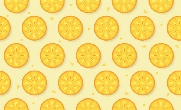 istock Seamless pattern of slices of fresh orange on light background with small decor. Vector illustration for textile packaging. 1265094133