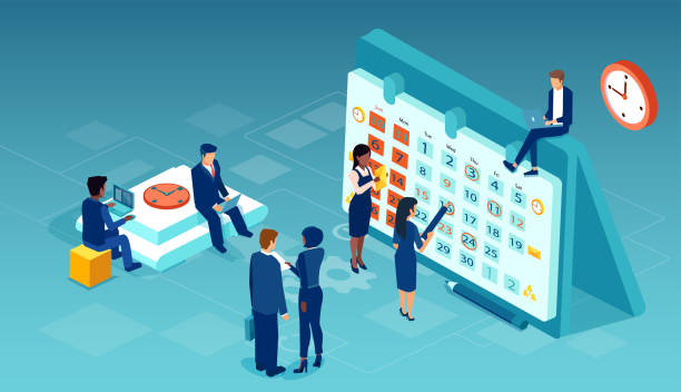 Vector of a business team working together scheduling operations agenda Vector of a business team working together scheduling operations agenda making employee assignments on calendar. employee month stock illustrations