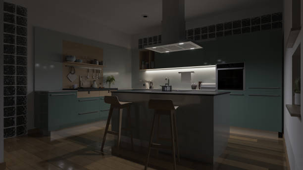 Dimly Illuminated Open Plan Kitchen Design with Glass Bricks and Pastel Green Cabinets