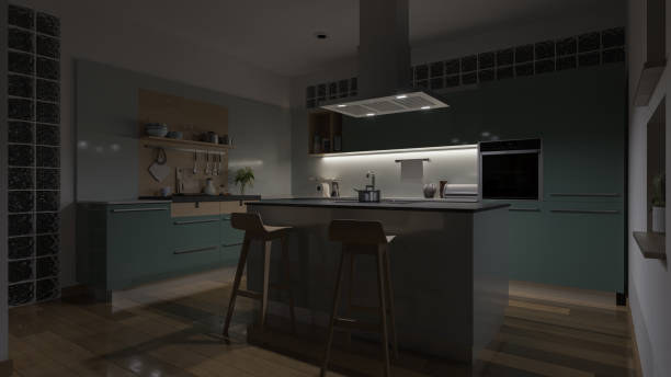 dimly illuminated open plan kitchen design with glass bricks and pastel green cabinets - soft lighting imagens e fotografias de stock