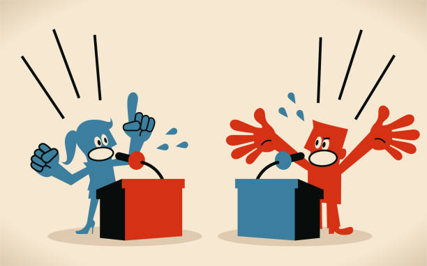 Woman and man are debating, standing behind a lectern, platform with microphone Blue Little Guy Characters Vector Art Illustration.
Woman and man are debating, standing behind a lectern, platform with microphone. debate stock illustrations