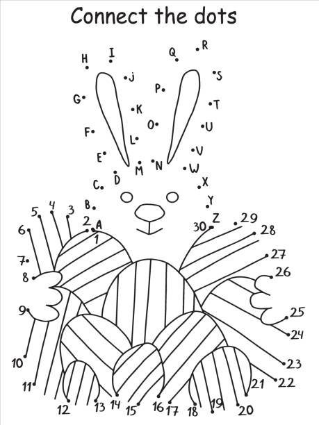 ilustrações, clipart, desenhos animados e ícones de conecte os pontos sorrindo coelhinho da páscoa com a ilustração vetorial de ovos coloridos - joining the dots (expressão inglesa)