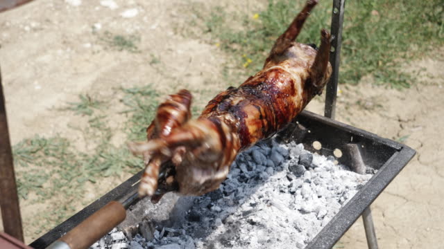 Whole Lamb Is Baking At the Fire Barbecue