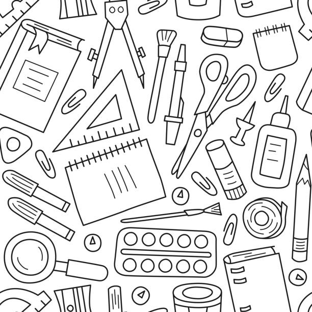 istock Seamless pattern with school and office stationery in doodle and cartoon style. Vector 1265104978