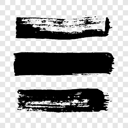 Black grunge brush strokes. Set of three painted brush ink stripes. Ink spot isolated on transparent background. Vector illustration