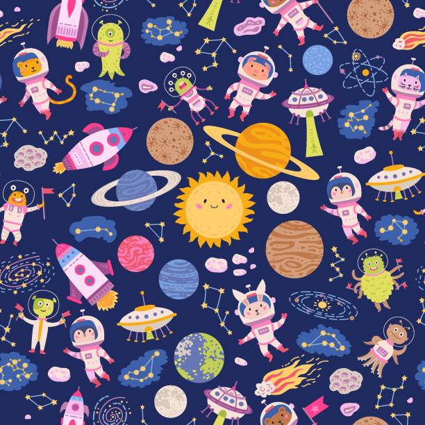 Pictulandra 5+5 (1200-850 1000-1000) Seamless pattern cute space background for baby. Cute children design with planets and stars. Bright icons for textile, wrapping paper, greeting cards or posters for kindergarten astronaut backgrounds stock illustrations