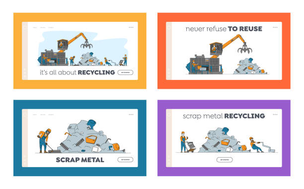 ilustrações, clipart, desenhos animados e ícones de conjunto de modelos de página de aterrissagem da indústria de reciclagem de sucata. personagens reciclando metal antigo e técnica quebrada no ferro-velho - scrap metal part of metal recycling