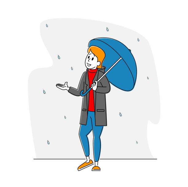 illustrations, cliparts, dessins animés et icônes de personnage de citadin de femme tenir le parapluie saisissant des gouttes de pluie tombant du ciel. météo de la saison des pluies au printemps ou à l’automne - shower silhouette women people