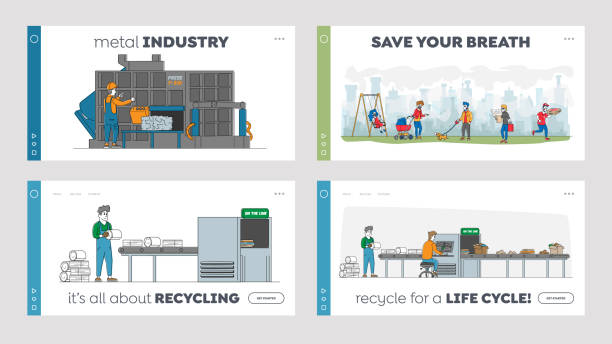 ilustrações de stock, clip art, desenhos animados e ícones de recycling iron rubbish landing page template set. workers control machine pressing used scrap metal, reusepld junk - factory line