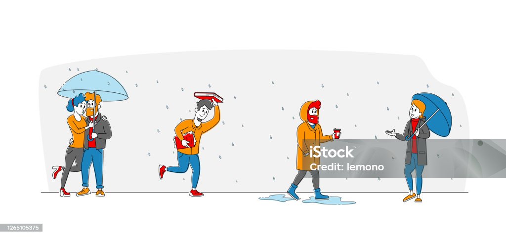 Våt regnig höst eller vårdag, väder. Happy dränkta Passerby Tecken Bär kappor med paraplyer Walk in Rain - Royaltyfri Paraply vektorgrafik