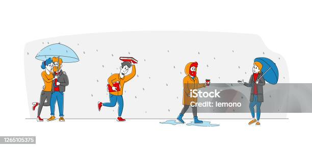 Våt Regnig Höst Eller Vårdag Väder Happy Dränkta Passerby Tecken Bär Kappor Med Paraplyer Walk In Rain-vektorgrafik och fler bilder på Paraply