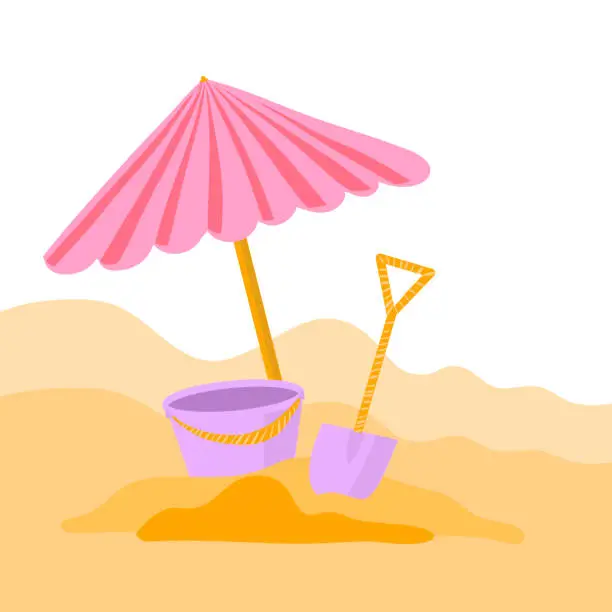 Vector illustration of Vector illustration of a children s scoop, sand and a baby bucket in the style of flat cartoon. Beach toys for kids, square illustration for a card, invitation, post on the internet, tag. Copy space and space for text. Hand drawn cute illustration