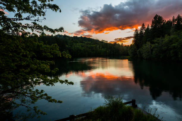 istock Beautiful sunset colors reflection in calm river 1265106686