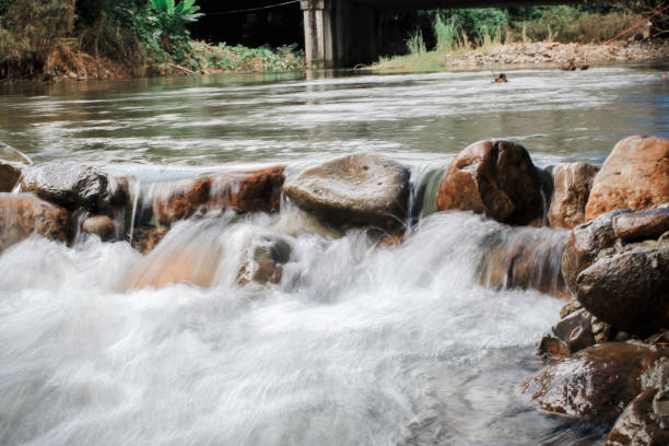 River stream flow on high mysterious mountainous deep jungle.Scenery of rainforest and river with rocks.Wild, vivid vegetation of tropical forest.