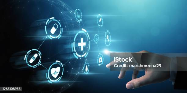 Businessman Hand Touching Icon Healthcare Medical Insurance Welfare For Your Health Concept Stock Photo - Download Image Now