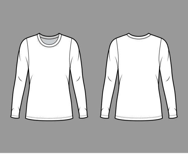 istock Crew neck jersey sweater technical fashion illustration with long sleeves, oversized body, tunic length 1265109486