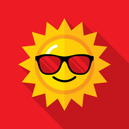 Vector illustration of a sun with sunglasses against a red background in flat style.