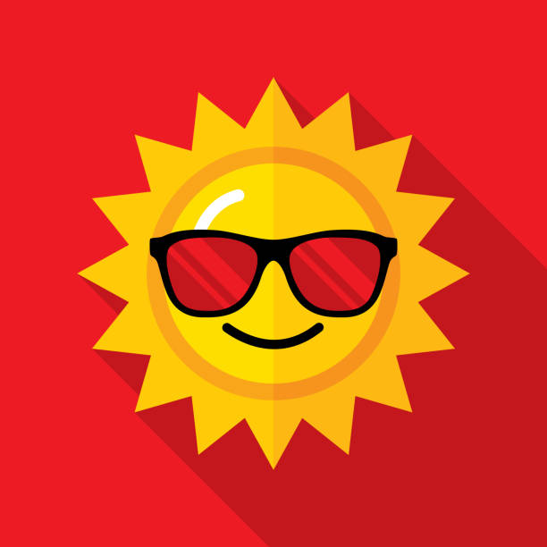 Sunglasses Sun Icon Flat Vector illustration of a sun with sunglasses against a red background in flat style. red spectacles stock illustrations