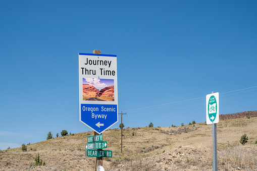 Mitchell, Oregon - August 2, 2020: Sign for the Journey Through Time Oregon Scenic Byway which goes through the John Day Fossil Beds area