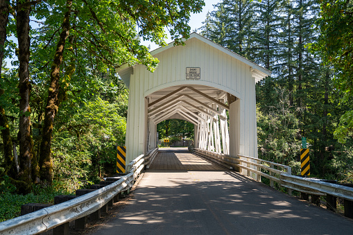 The Short Bridge, an historic covered bridge near Cascadia Oregon in the Willamette National Forest