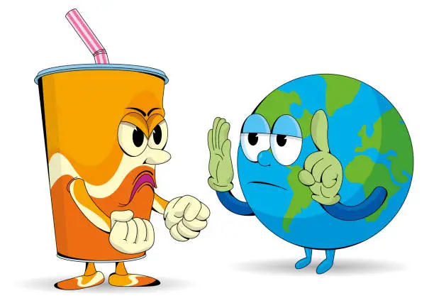 Vector illustration of Cartoon of planet earth arguing with an angry disposable plastic cup on white background. Vector image