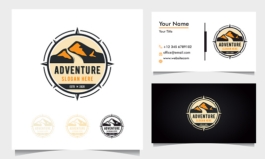 badge adventure logo design with mountains and road with compass ornament with business card template