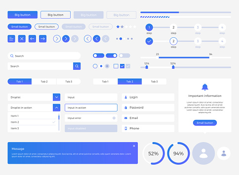 Big, huge, enhanced ui kit for web design, mobile apps with the different buttons, graphics, diagramms, menu, search, tabs and other.