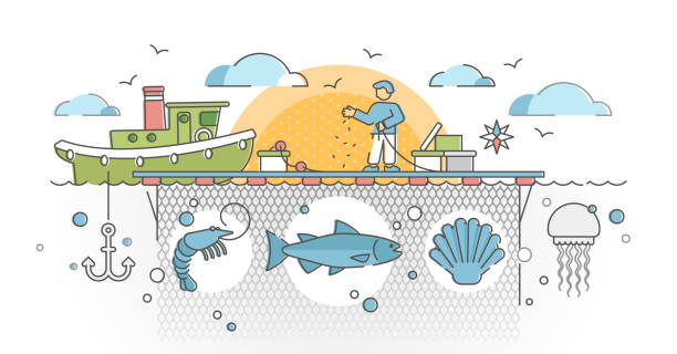 ilustrações de stock, clip art, desenhos animados e ícones de aquaculture as seafood farming for production cultivation outline concept - underwater mine