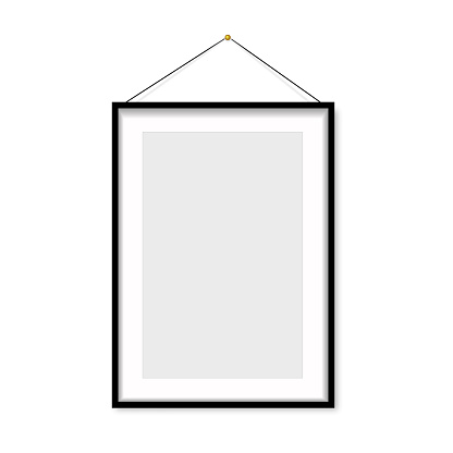 Realistic black photo frame hanging on the wall. Vector .