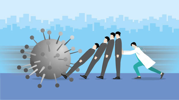 istock Business concept. Doctor support businessmen falling down like domino from economic impact from COVID-19 coronavirus pandemic. The big virus dash to destroy business and people health. 1265130846