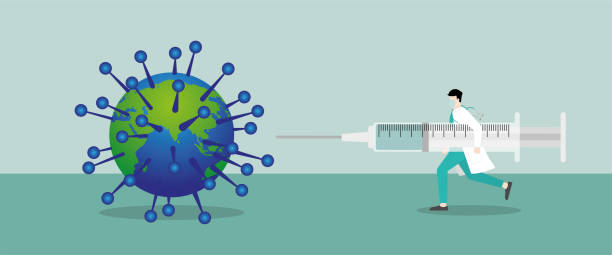 illustrazioni stock, clip art, cartoni animati e icone di tendenza di concetto medico. il dottore tiene la siringa molto grande e corre verso il mondo che infetta il coronavirus covid-19. per la prevenzione, l'immunizzazione, la cura e il trattamento dei medici delle persone dell'umanità. - mankind